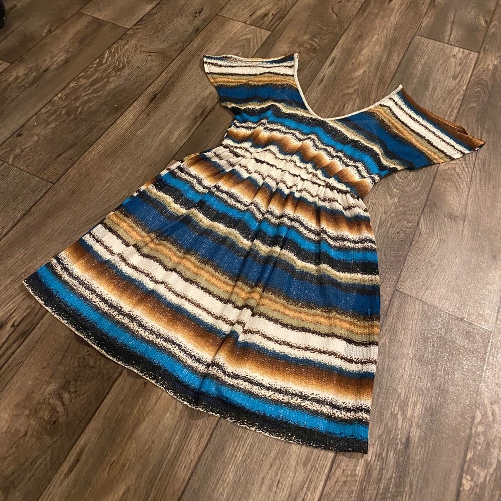 IZ Byer Striped Knee Dress Blue Brown Boho Fit Flare Medium - Picture 6 of 6